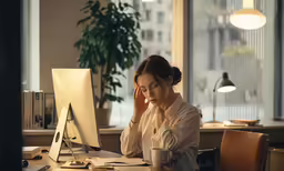 woman sitting at desk with head on hands, holding coffee and reading magazine