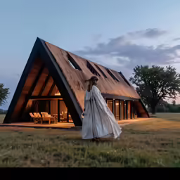 a woman dressed in white standing outside of a large wooden structure