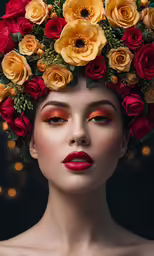 the beautiful woman is posing with flowers in her hair