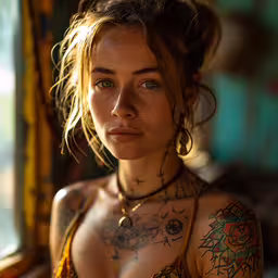 woman with tattoos on her chest posing for the camera,a woman with tattoos looking into the camera