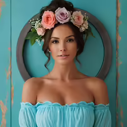 a woman with floral hair and a wreath around her head wearing a blue off shoulder dress