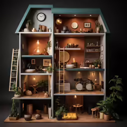 a close - up of a house model with many different plants and decorations