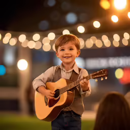 a young boy holding a guitar on top of a green field