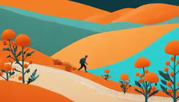 a painting of a man walking away from trees,this is a painting of someone walking down the hill