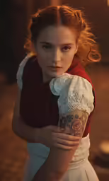 a young girl dressed in white holding onto her arm