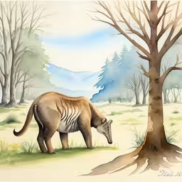 an illustration of a warthog by a tree,a painting of a horned animal looking at the ground