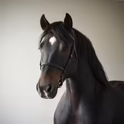 a horse is standing in a room with its head turned