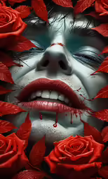 a woman with face paint surrounded by roses