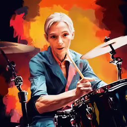 an old man sitting in front of a drum set