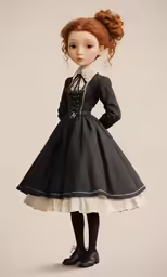 a little girl with red hair wearing a black dress and white collar