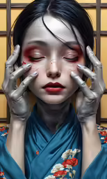 the geisha is holding her hands over her face