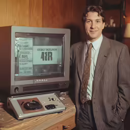 a man wearing a suit and tie is in front of a large monitor