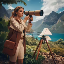 a woman is looking through a telescope