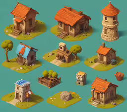 an image of an animated set of houses,the low poly style houses and trees are all in different colors