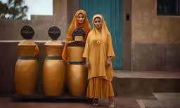 two women in orange clothes standing in front of some large ceramic urns