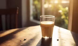 glass of beverage sitting on a wooden table