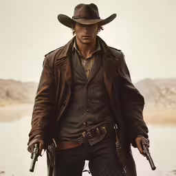 a man in cowboy attire holds guns with his hands
