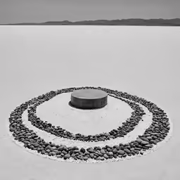 a circular sculpture is made out of stones and gravel