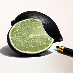 a lime with a knife and piece of lime