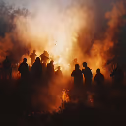 several people standing around a fire and smoke