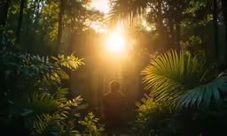 a woman walking in the woods toward the setting sun