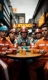 several workers sitting at a round table on the sidewalk
