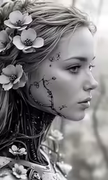 the girl has floral decorations in her hair