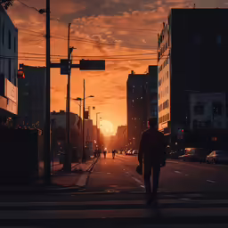 a man crossing the street during a sunset