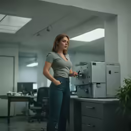 a woman standing at an office with her back to the camera