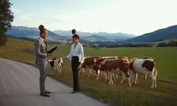 the man in the suit is giving a cows attention