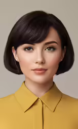 a woman in a yellow blouse and earrings