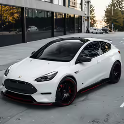 the white sports car is parked on a city street