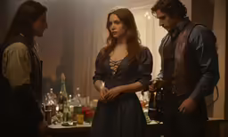 the girl is looking at the man standing near her