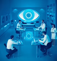 a large set of people in an office with a computer screen