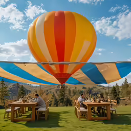people sitting at a table under a canopy