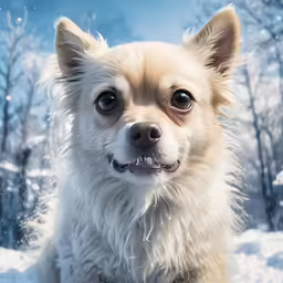 a cute little dog sitting in the snow