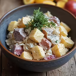 a bowl of pasta with ham and cheese