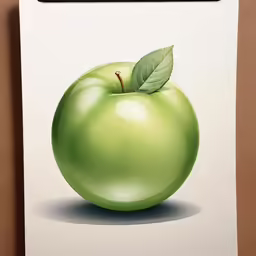 a picture of an apple with a green leaf on it