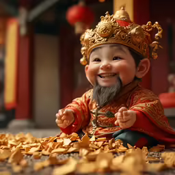 a statue of a smiling gnome with golden decorations