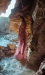 a woman wearing a pink dress is standing in a river