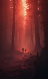 two people are walking down a path through the woods at sunset