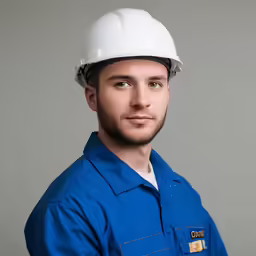 a man in a white hardhat looks into the camera