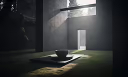 the room is empty except for some bowls on the carpet