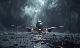 a large passenger airplane landing on a wet runway