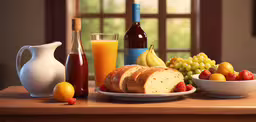 a painting of bread, juice and fruits on a table,there is a loaf of bread and fruit next to it