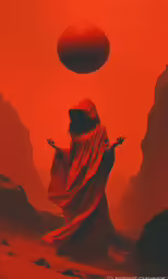 a person in a hooded robe stands in front of a surreal landscape with an orange circle above it