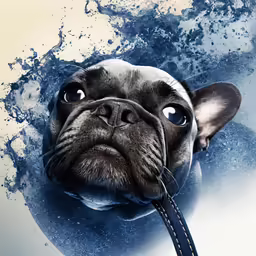 a black dog with a leash in its mouth looking at the camera