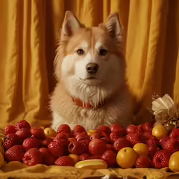 a dog sitting in front of fruit in a bunch