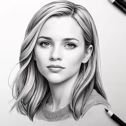 a drawing of a girl looking straight ahead with a pen next to it