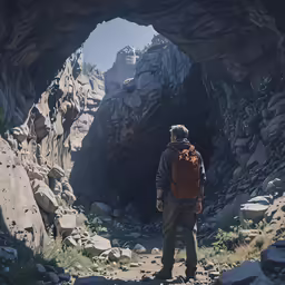 man walking out from behind a cave entrance